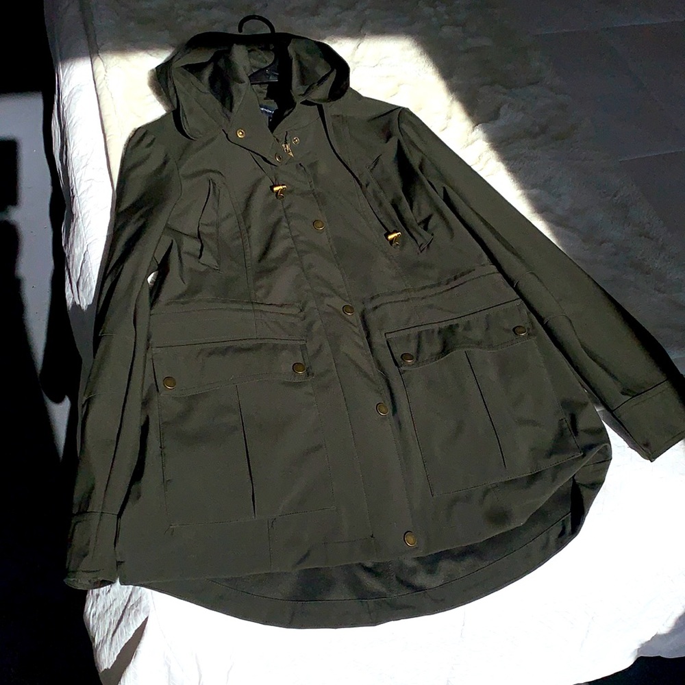 French connection olive green jacket with gold buttons/ zipper medium brand new